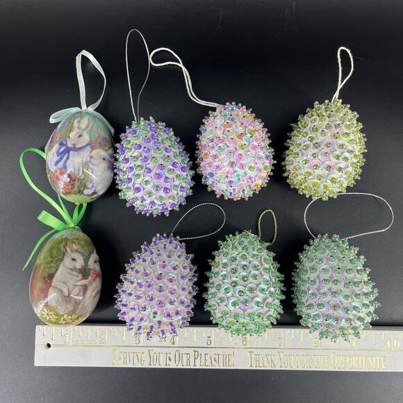 Lot of 6 Vintage Handmade Pin Push Beaded Sequin Christmas Egg Ornaments+ 2 - Picture 2 of 10
